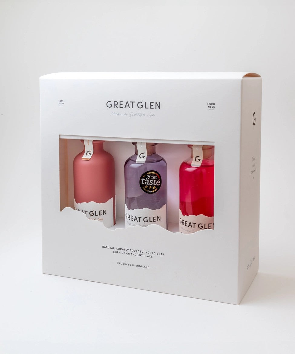 GIFTBOXGREATGLENPREMIUMSCOTTISHGINBUNDLE–3X100MLBOTTLES