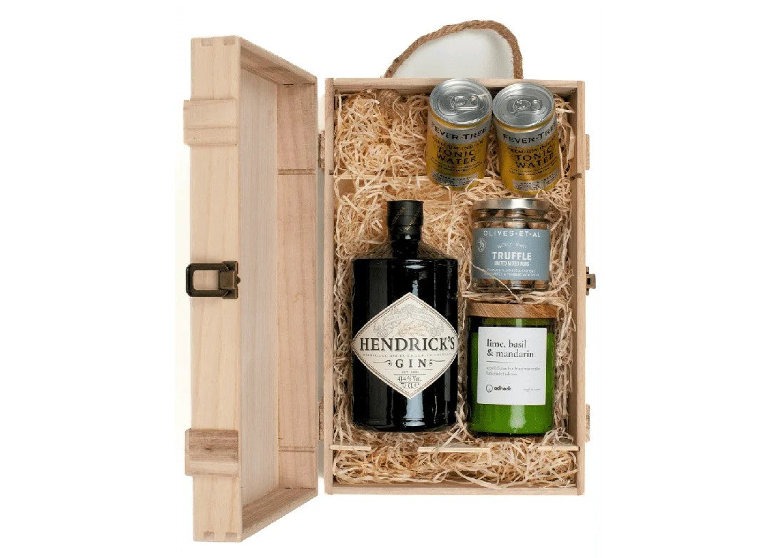 HendricksGin,WineBottleCandle,&LuxuryNibblesWoodenGiftBoxSet