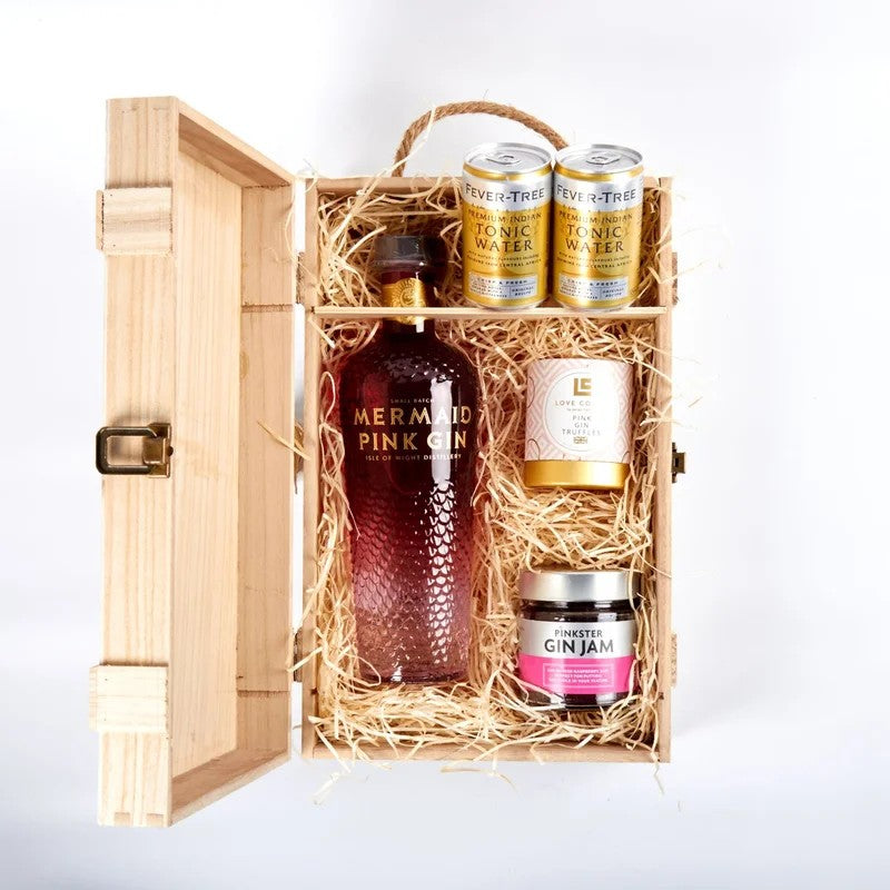MermaidPinkGin&LuxuryNibblesWoodenGiftBoxSet