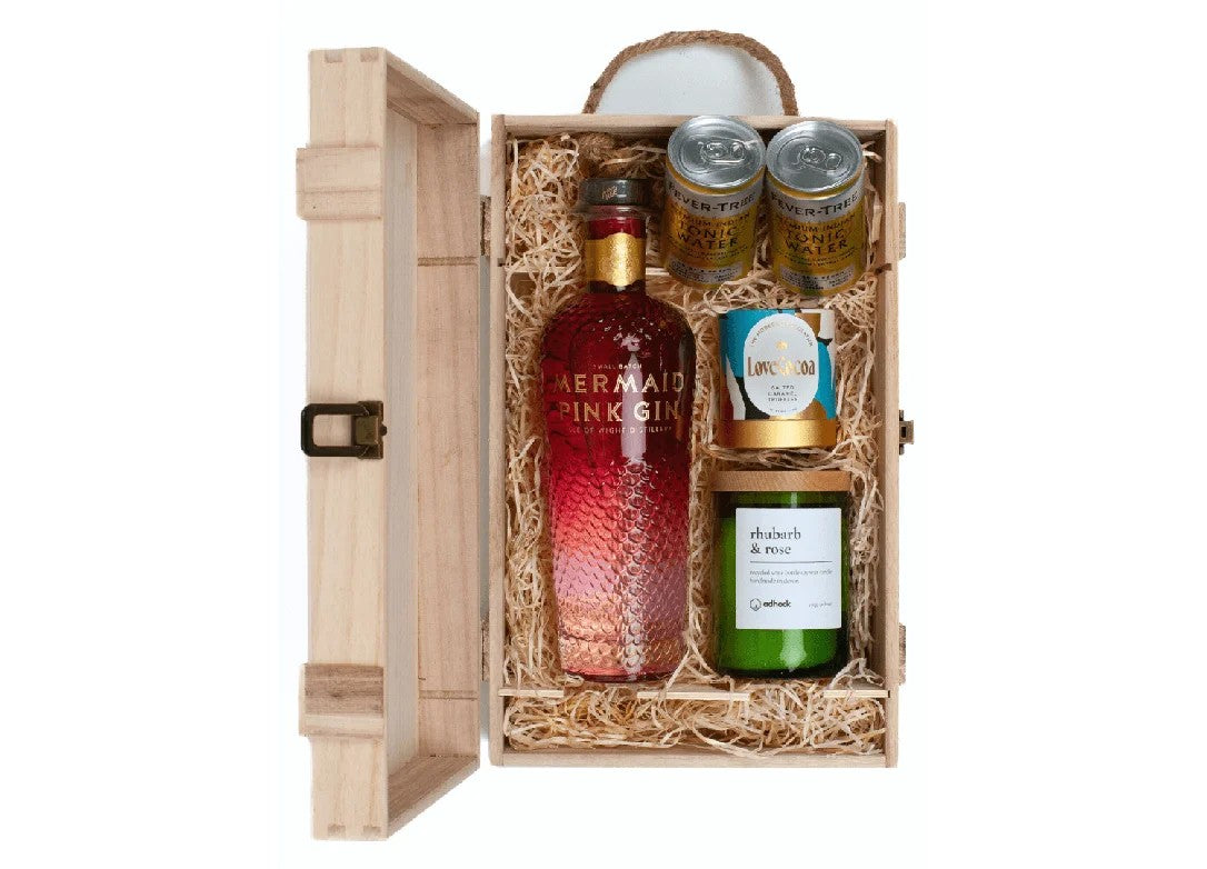 MermaidPinkGin,WineBottleCandle,&LuxuryNibblesWoodenGiftBoxSet