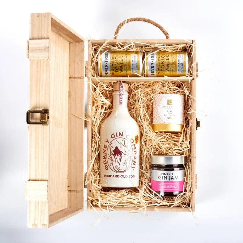 OrkneyRhubarbOldTomGin&LuxuryNibblesWoodenGiftBoxSet