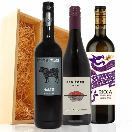 RedWineGiftTrio~Malbec,ShirazandRiojainWoodenBox~3x750mlBottles