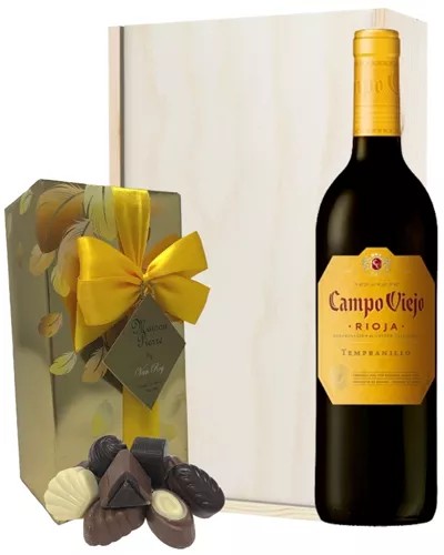 RiojaTempranilloRedWineandChocolatesGiftSetinWoodenBox