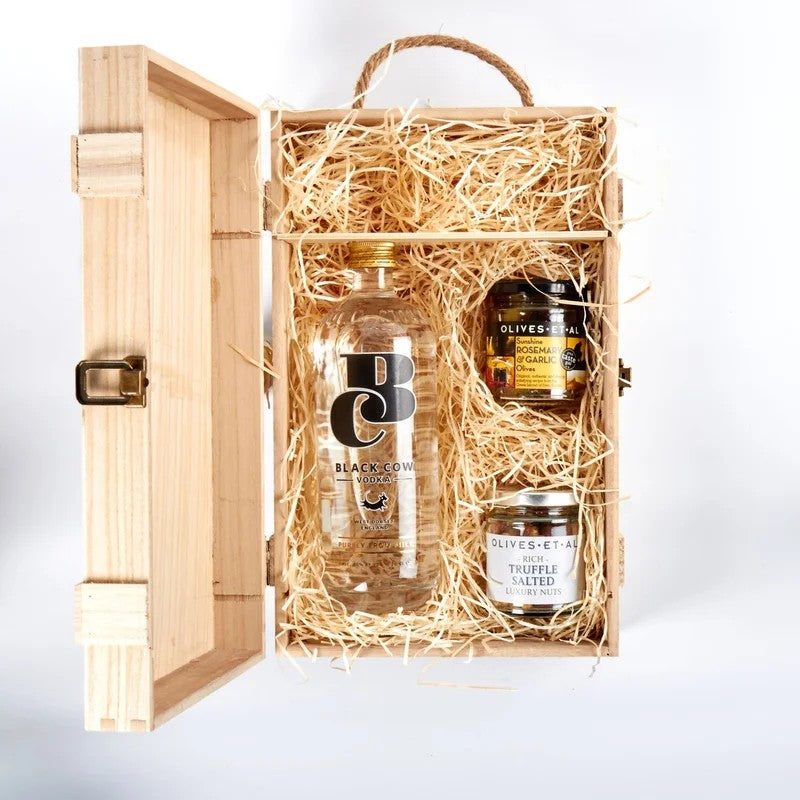 BlackCowVodka&LuxuryNibblesWoodenGiftBoxSet