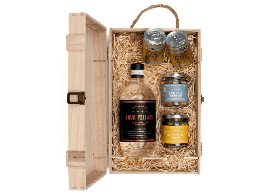 FourPillarsRareGin&LuxuryNibblesWoodenGiftBoxSet