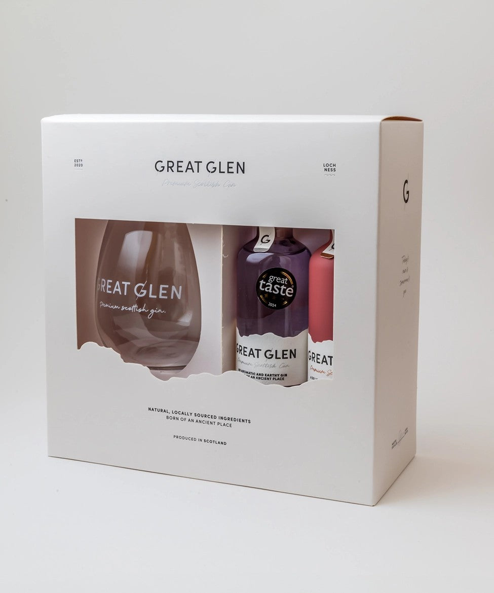 GIFTBOXGREATGLENPREMIUMSCOTTISHGINBUNDLE–2X100MLBOTTLESPLUSBRANDEDGLASS