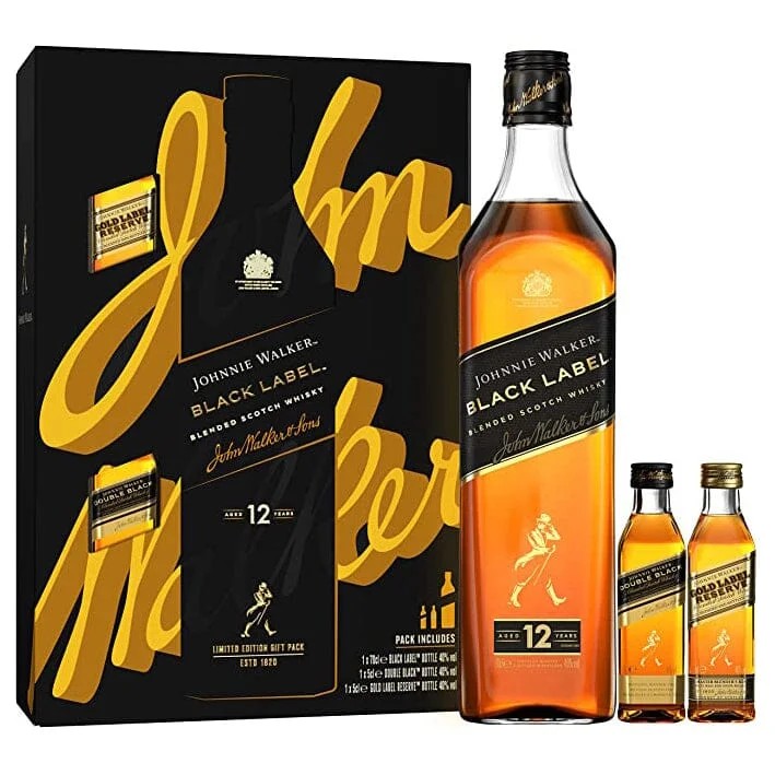 JohnnieWalkerBlackLabelBlendedScotchWhisky70clwithJohnnieWalkerDoubleBlackLabel5clandJohnnieWalkerGoldLabel5clGiftPack