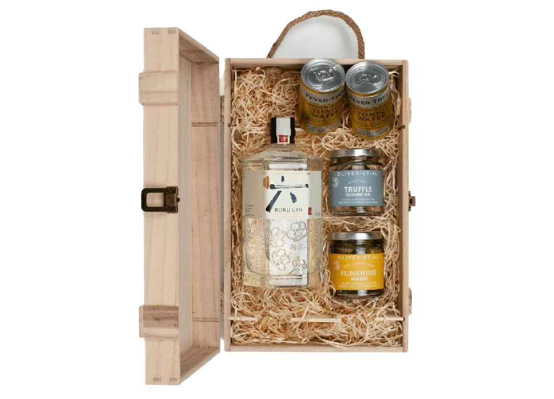 RokuJapaneseCraftGin&LuxuryNibblesWoodenGiftBoxSet