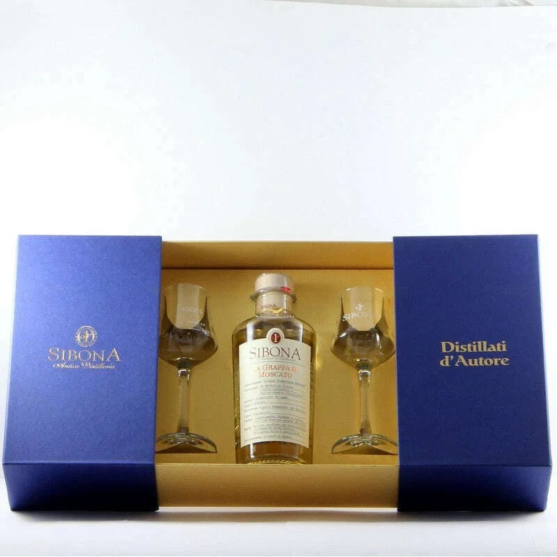 SIBONAConfezioneRegaloPrimoPianoconGrappaMoscato(50CL,40%Vol.)+2bicchieri