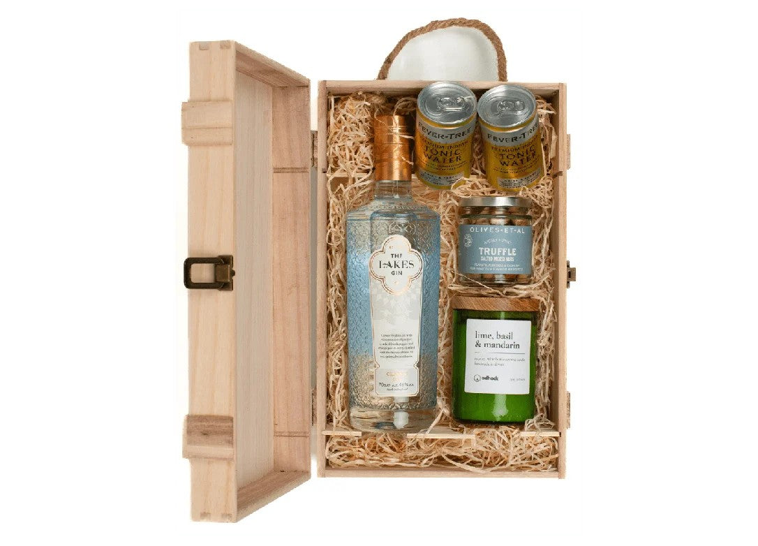TheLakesGin,WineBottleCandle,&LuxuryNibblesWoodenGiftBoxSet
